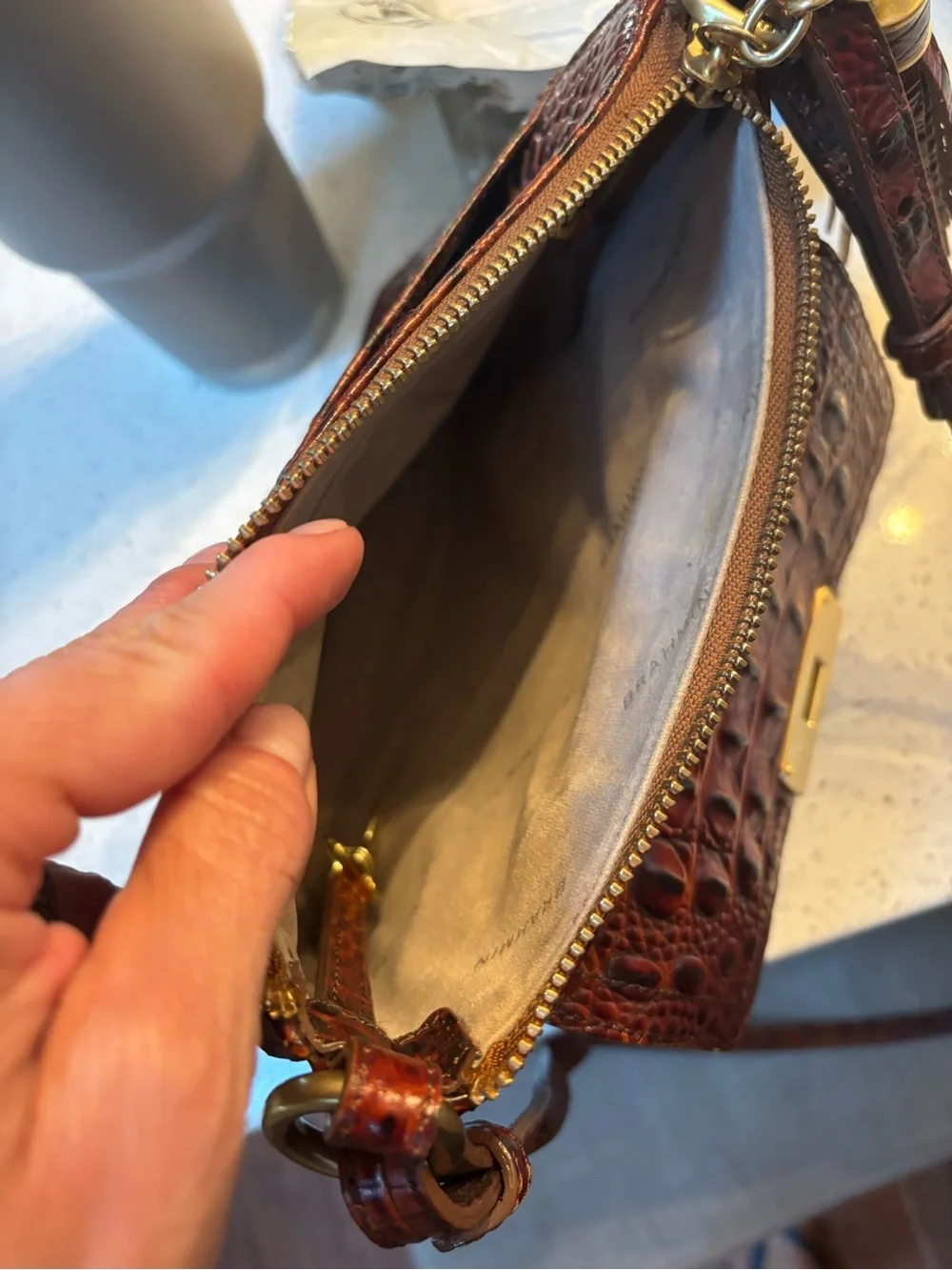 BRAHMIN Melbourne Manhattan Pecan Croc Embossed Leather Turnlock Crossbody Bag